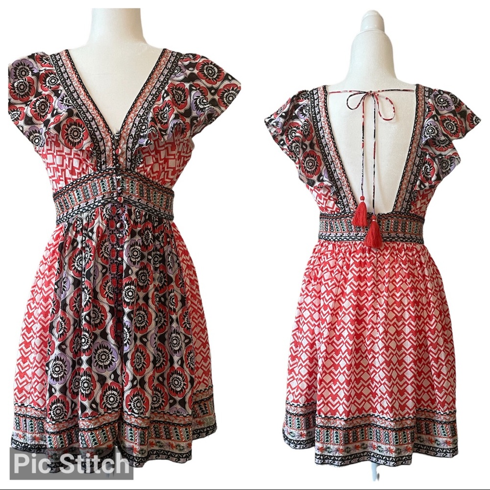 Anthropologie Embroidered Beaded Red Floral Flutter Sleeve Dress